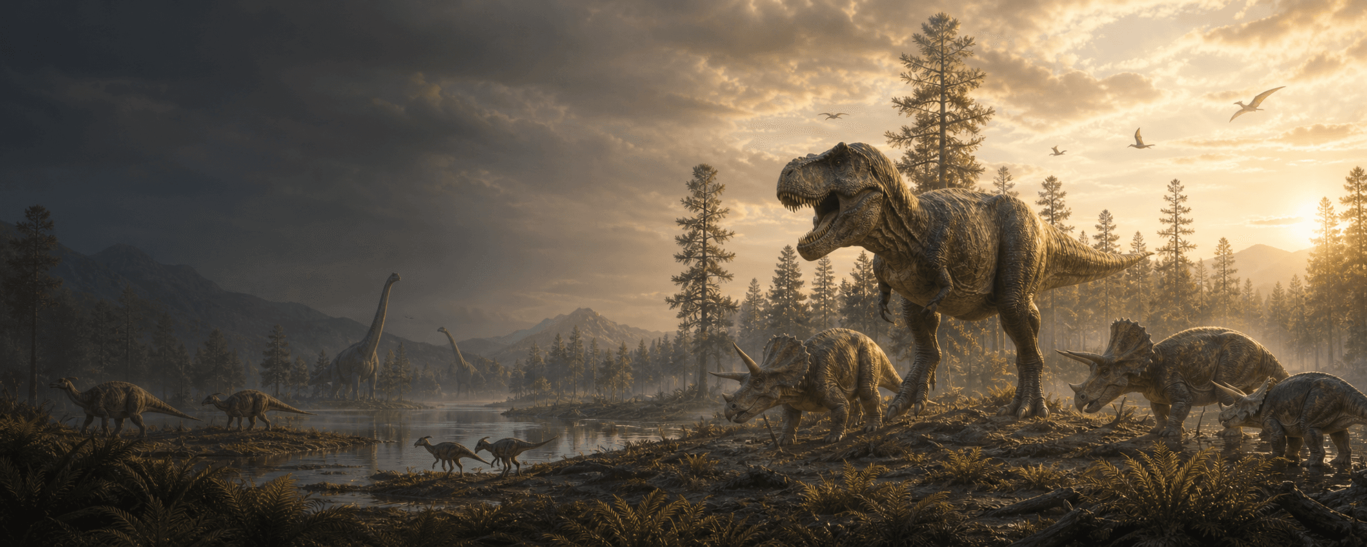 Cinematic Late Cretaceous floodplain with multiple dinosaurs
